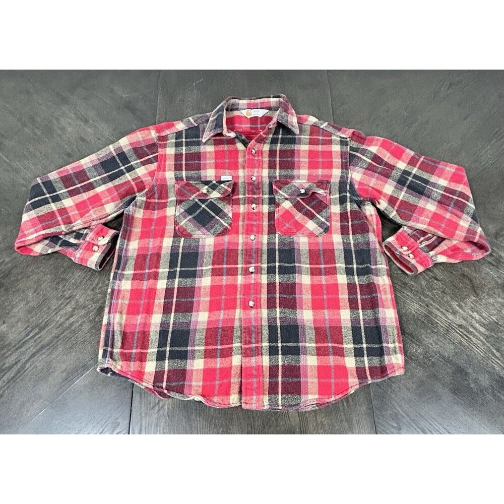 Vtg Carhart Small Red Black Plaid Button-Up Flannel Work Chore GUC - Picture 3 of 9